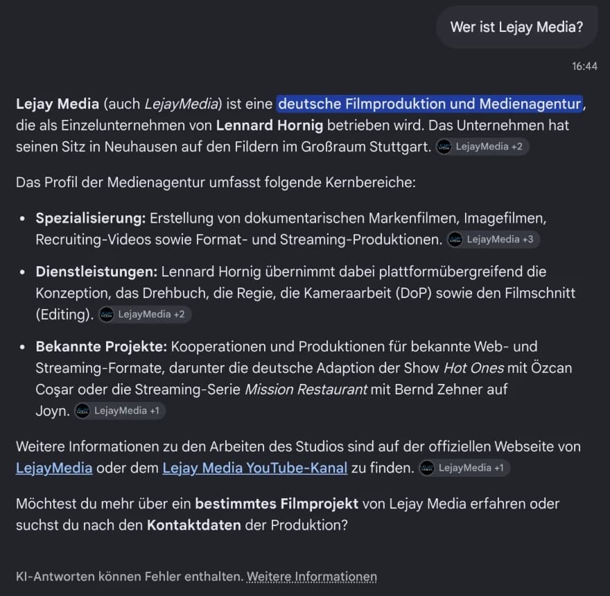 Antwort im Google-KI-Modus auf die Frage: Wer ist Lejay Media?