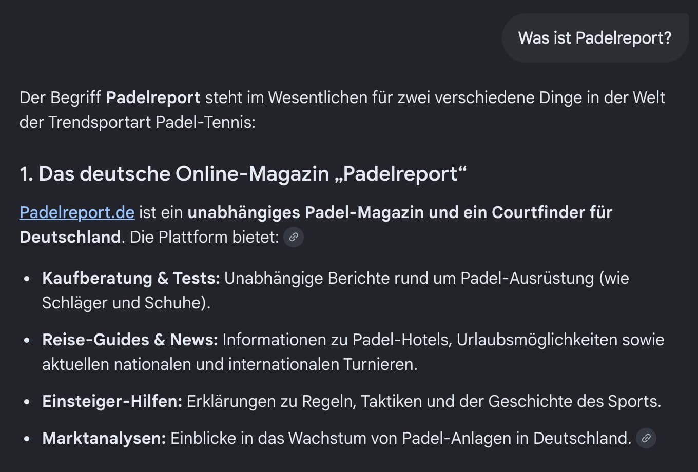 Antwort im Google-KI-Modus auf die Frage: Was ist Padelreport?