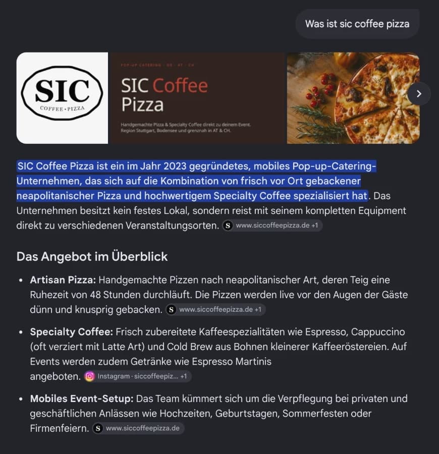 Antwort im Google-KI-Modus auf die Frage: Was ist SIC Coffee Pizza?