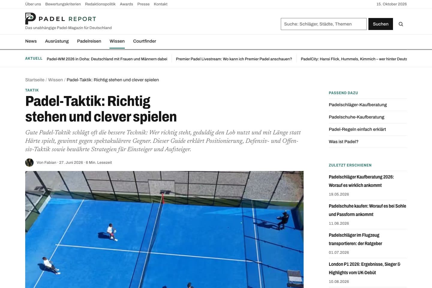 Artikelseite von Padelreport mit Kurzfassung und Inhaltsverzeichnis