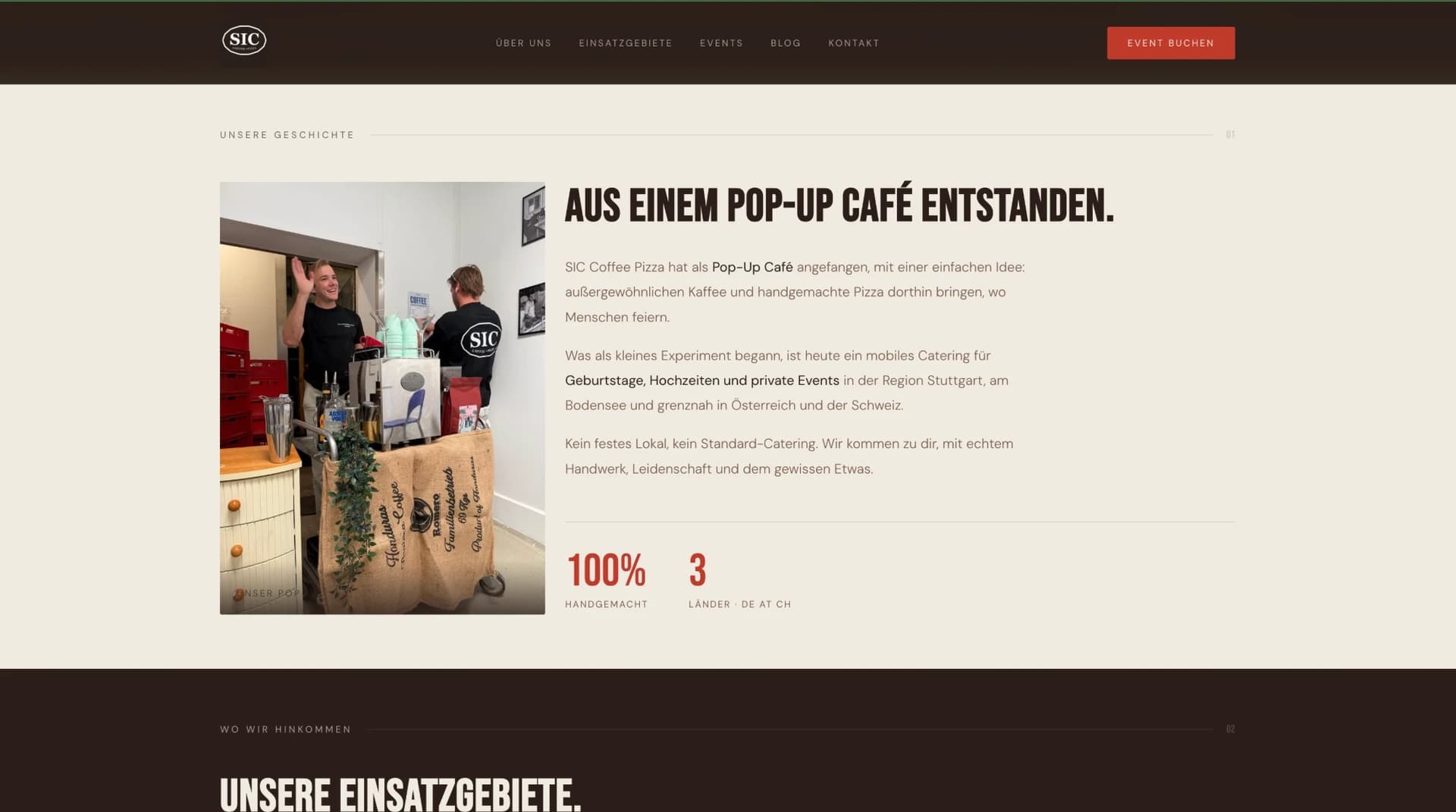 Über-uns-Seite mit der Geschichte des Pop-up-Cafés